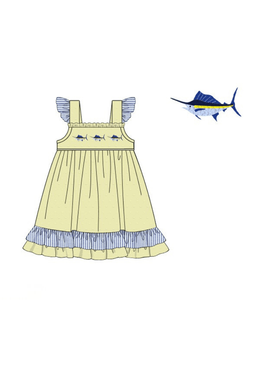 The Smocked Flamingo Apparel & Accessories Pre-Order French Knot Swordfish Yellow/Navy Dress