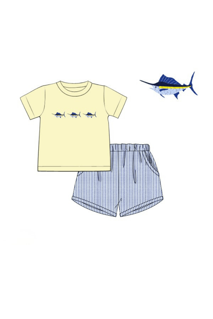 The Smocked Flamingo Apparel & Accessories Pre-Order French Knot Swordfish Yellow/Navy Short Set