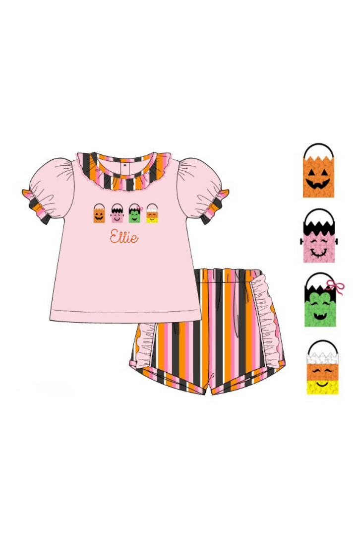 The Smocked Flamingo Apparel & Accessories Pre-Order French Knot Trick or Treat Pals Ruffle Short Set