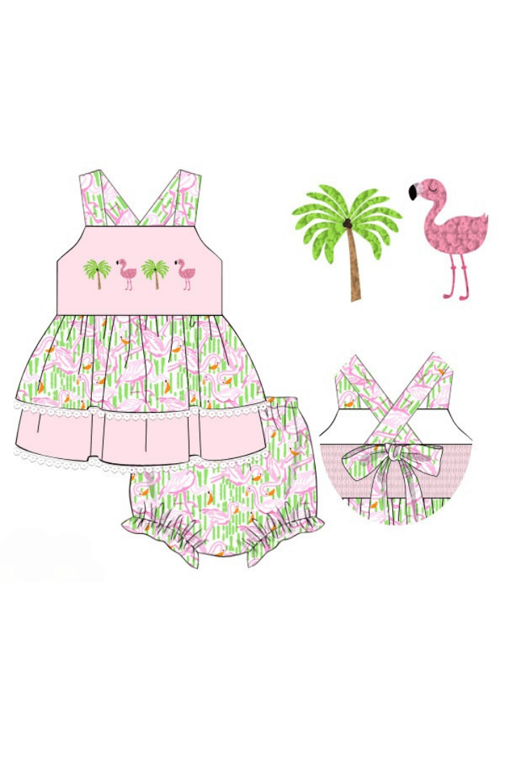 The Smocked Flamingo Apparel & Accessories Pre-Order French Knot Tropical Flamingo Bow Bloomer Set