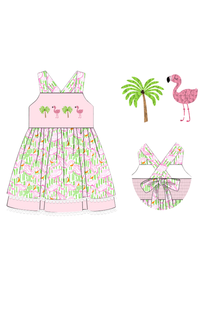 The Smocked Flamingo Apparel & Accessories Pre-Order French Knot Tropical Flamingo Bow Dress