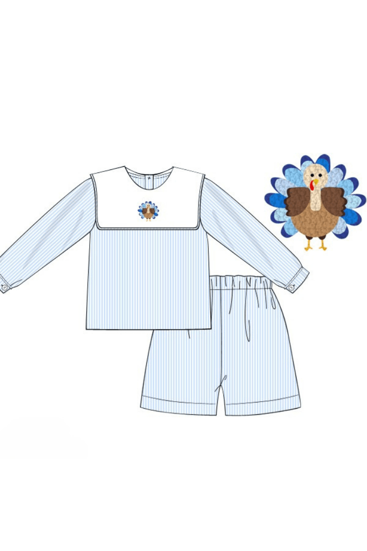 The Smocked Flamingo Apparel & Accessories Pre-Order French Knot Turkey Blue Stripe Short Set