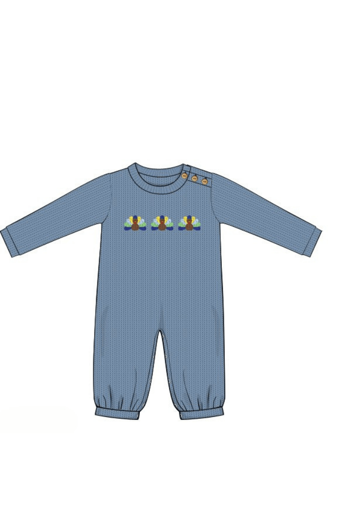 The Smocked Flamingo Apparel & Accessories Pre-Order French Knot Turkey Navy Romper