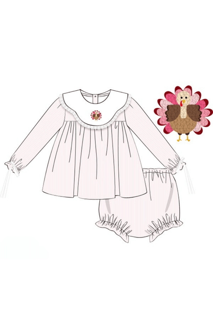 The Smocked Flamingo Apparel & Accessories Pre-Order French Knot Turkey Pink Stripe Bloomer Set