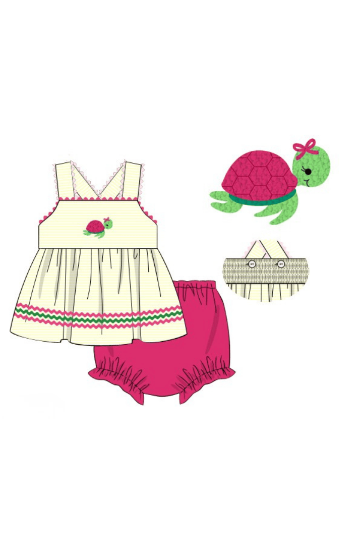 The Smocked Flamingo Apparel & Accessories Pre-Order French Knot Turtle Yellow/Pink Stripe Bloomer Set