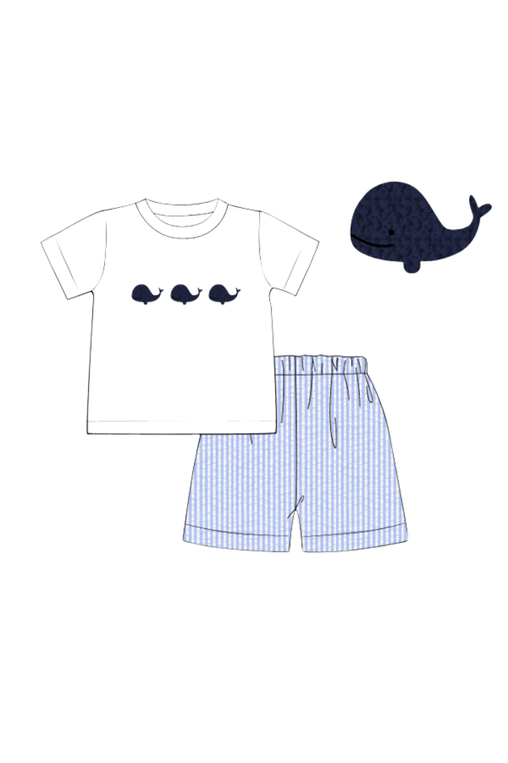 The Smocked Flamingo Apparel & Accessories Pre-Order French Knot Whale Blue Seersucker Short Set