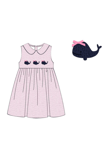 The Smocked Flamingo Apparel & Accessories Pre-Order French Knot Whale Pink Seersucker Dress