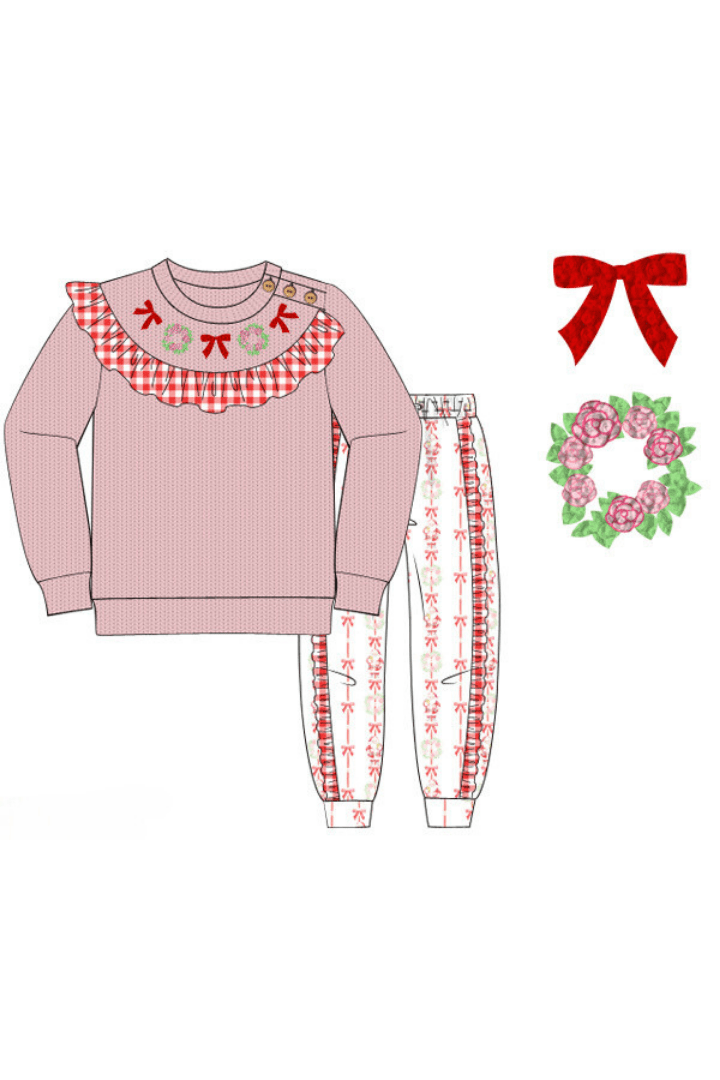 The Smocked Flamingo Apparel & Accessories Pre-Order French Knot Wreath Bow Jogger Set