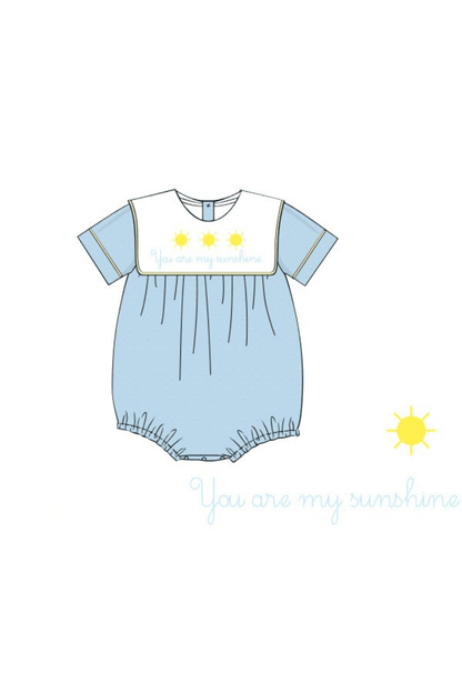 The Smocked Flamingo Apparel & Accessories Pre-Order French Knot You Are My Sunshine Blue Swiss Dot Bib Bubble