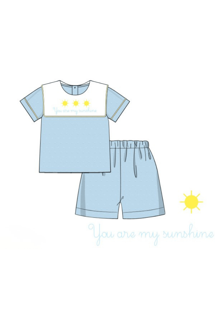 The Smocked Flamingo Apparel & Accessories Pre-Order French Knot You Are My Sunshine Blue Swiss Dot Bib Short Set
