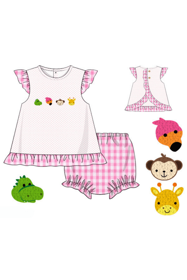 The Smocked Flamingo Apparel & Accessories Pre-Order French Knot Zoo Friends Gingham Bloomer Set