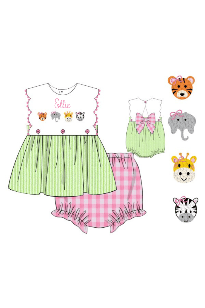 The Smocked Flamingo Apparel & Accessories Pre-Order French Knot Zoo Friends Seersucker Bow Bloomer Set