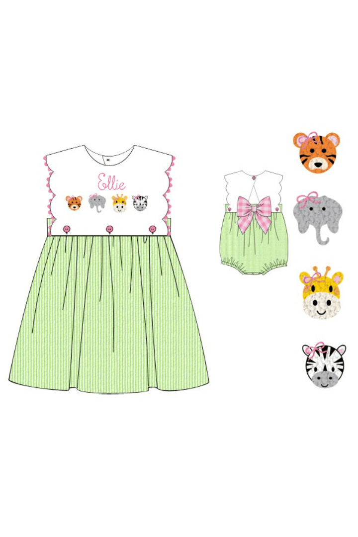 The Smocked Flamingo Apparel & Accessories Pre-Order French Knot Zoo Friends Seersucker Bow Dress