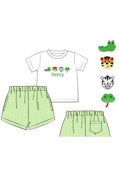 The Smocked Flamingo Apparel & Accessories Pre-Order French Knot Zoo Friends Seersucker Short Set