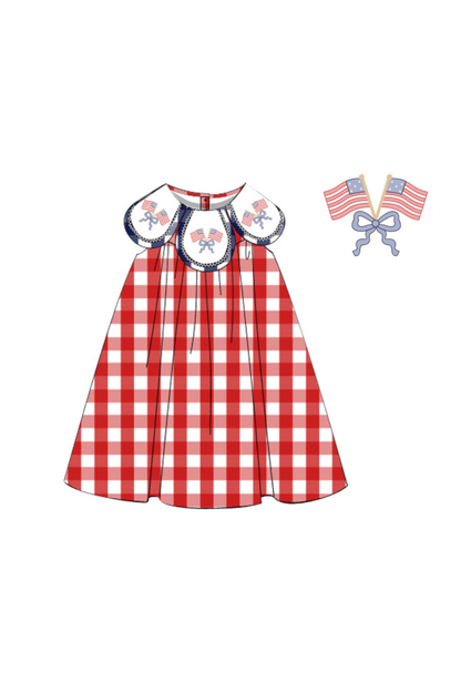 The Smocked Flamingo Apparel & Accessories Pre-Order Hand Embroidered American Flag Red Buffalo Check Tulip Dress