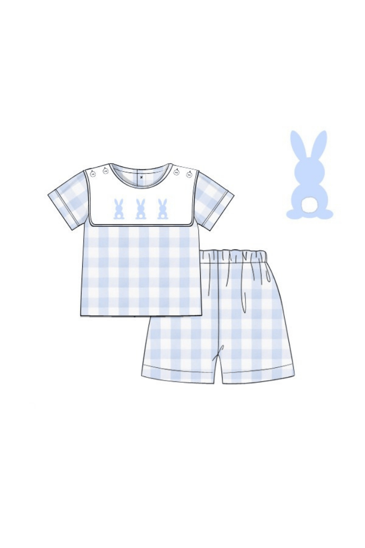 The Smocked Flamingo Apparel & Accessories Pre-Order Hand Embroidered Bunny Blue Buffalo Check Tab Short Set