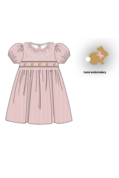 The Smocked Flamingo Apparel & Accessories Pre-Order Hand Embroidered Bunny Pink Linen Dress