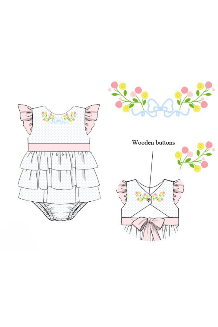 The Smocked Flamingo Apparel & Accessories Pre-Order Hand Embroidered Floral Bow Bitty Dot Ruffle Bubble