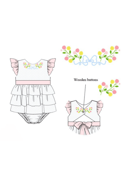 The Smocked Flamingo Apparel & Accessories Pre-Order Hand Embroidered Floral Bow Bitty Dot Ruffle Bubble