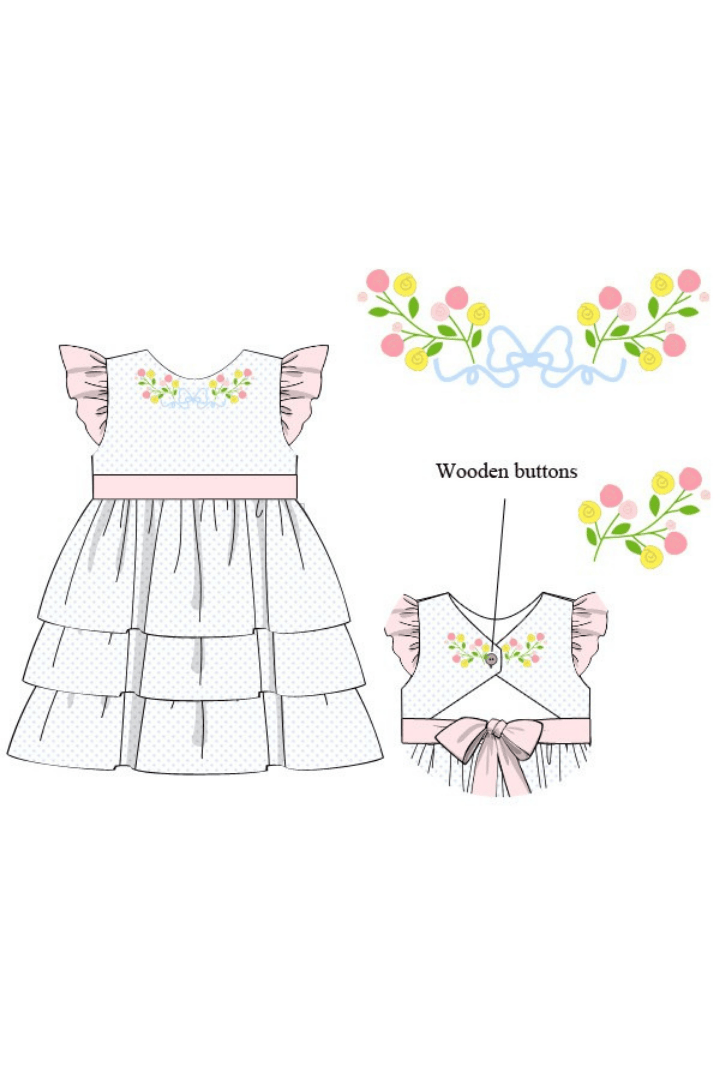 The Smocked Flamingo Apparel & Accessories Pre-Order Hand Embroidered Floral Bow Bitty Dot Ruffle Dress