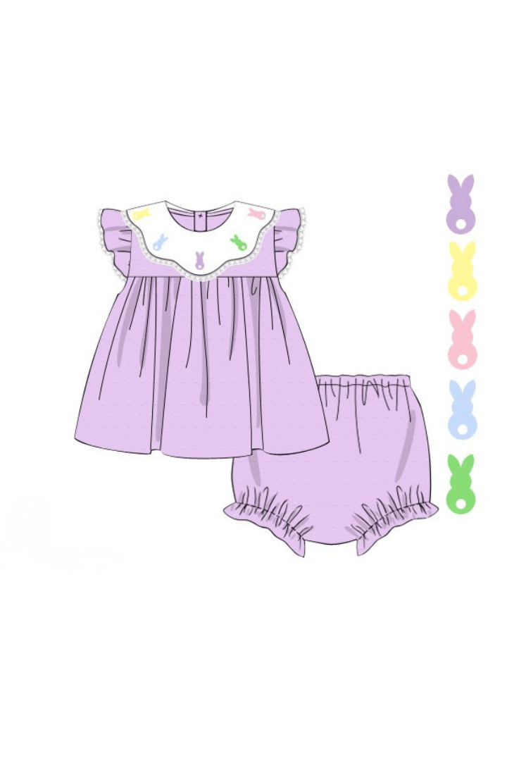 The Smocked Flamingo Apparel & Accessories Pre-Order Hand Embroidered Peeps Lavender Swiss Dot Bloomer Set