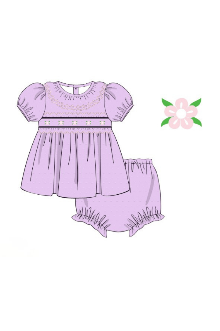 The Smocked Flamingo Apparel & Accessories Pre-Order Hand Embroidered Rose Bud Lavender Swiss Dot Bloomer Set
