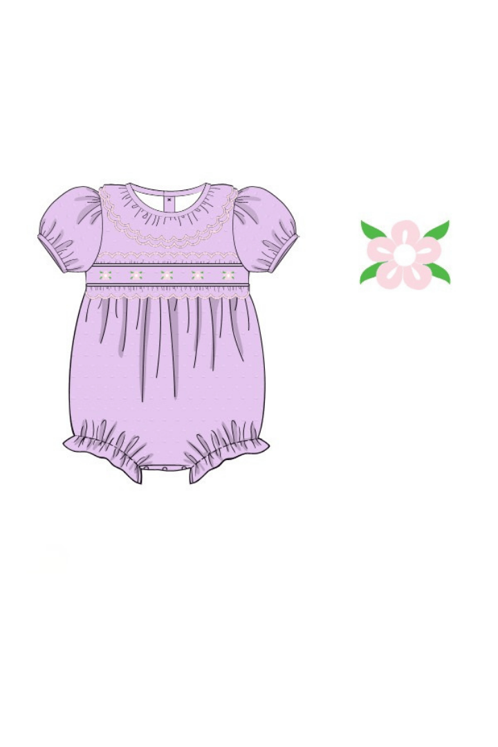 The Smocked Flamingo Apparel & Accessories Pre-Order Hand Embroidered Rose Bud Lavender Swiss Dot Bubble