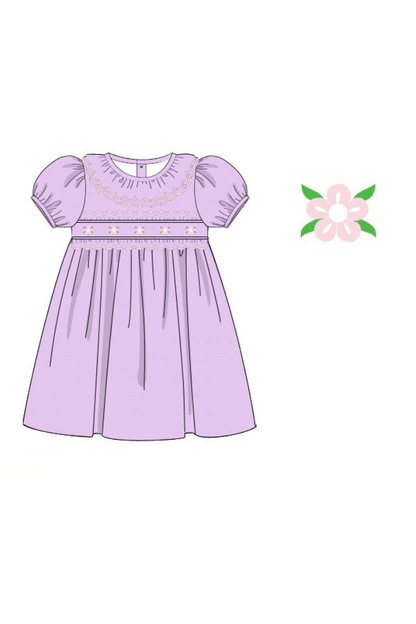 The Smocked Flamingo Apparel & Accessories Pre-Order Hand Embroidered Rose Bud Lavender Swiss Dot Dress