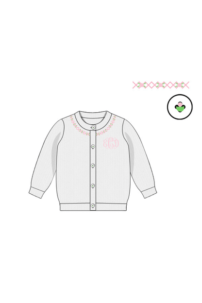The Smocked Flamingo Apparel & Accessories Pre-Order Hand Embroidered Rosette White Cardigan