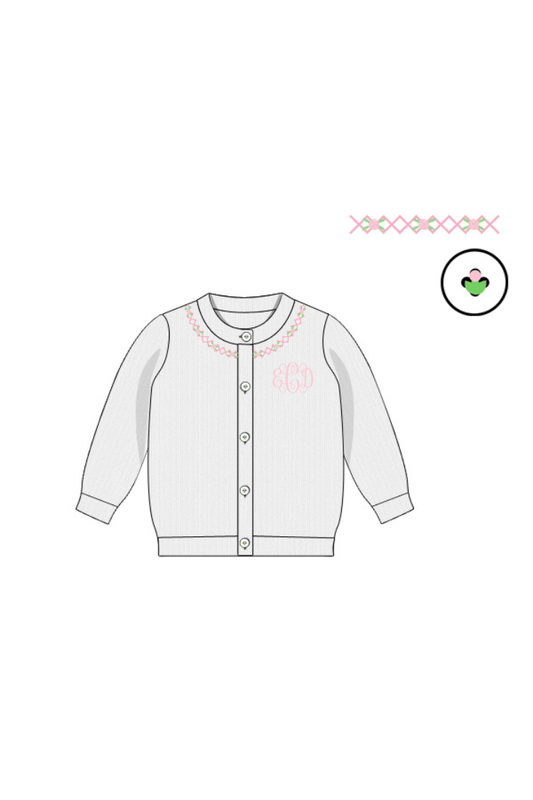 The Smocked Flamingo Apparel & Accessories Pre-Order Hand Embroidered Rosette White Cardigan
