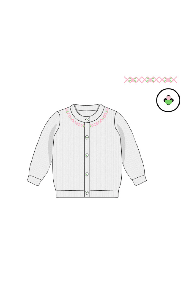 The Smocked Flamingo Apparel & Accessories Pre-Order Hand Embroidered Rosette White Cardigan