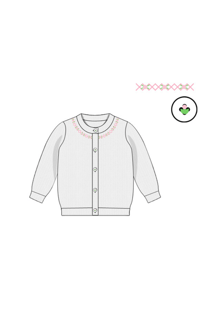 The Smocked Flamingo Apparel & Accessories Pre-Order Hand Embroidered Rosette White Cardigan