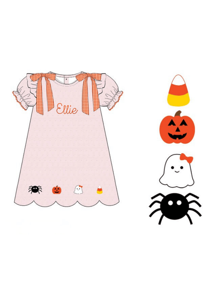 The Smocked Flamingo Apparel & Accessories Pre-Order Hand Embroidered Spooky Friends Pink Swiss Dot Scalloped Dress