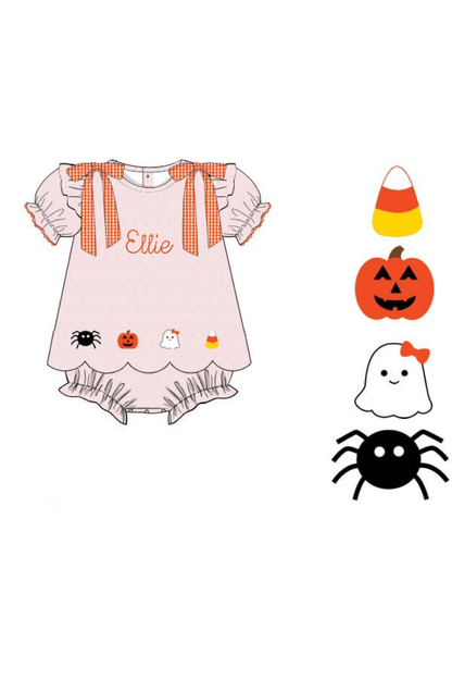 The Smocked Flamingo Apparel & Accessories Pre-Order Hand Embroidered Spooky Friends Pink Swiss Dot Scalloped Skirted Bubble