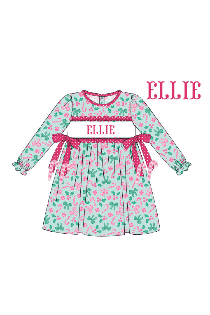 The Smocked Flamingo Apparel & Accessories Pre-Order Hand Smocked Custom Name Candy Cane Lane Dress