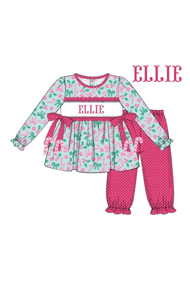 The Smocked Flamingo Apparel & Accessories Pre-Order Hand Smocked Custom Name Candy Cane Lane Pant Set