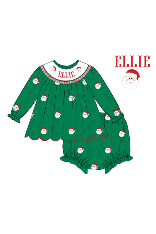 The Smocked Flamingo Apparel & Accessories Pre-Order Hand Smocked Custom Name Embroidered Santa Green Corduroy Bloomer Set