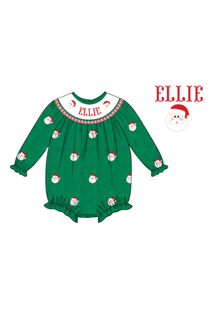 The Smocked Flamingo Apparel & Accessories Pre-Order Hand Smocked Custom Name Embroidered Santa Green Corduroy Bubble