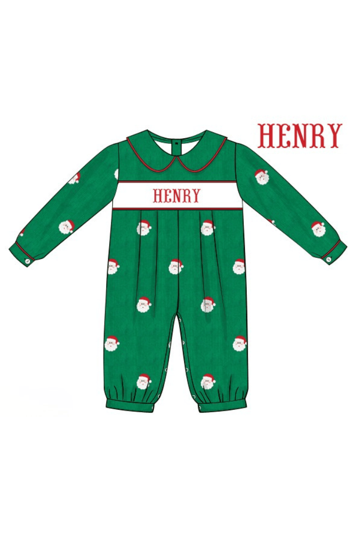 The Smocked Flamingo Apparel & Accessories Pre-Order Hand Smocked Custom Name Embroidered Santa Green Corduroy Romper
