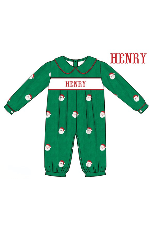 The Smocked Flamingo Apparel & Accessories Pre-Order Hand Smocked Custom Name Embroidered Santa Green Corduroy Romper
