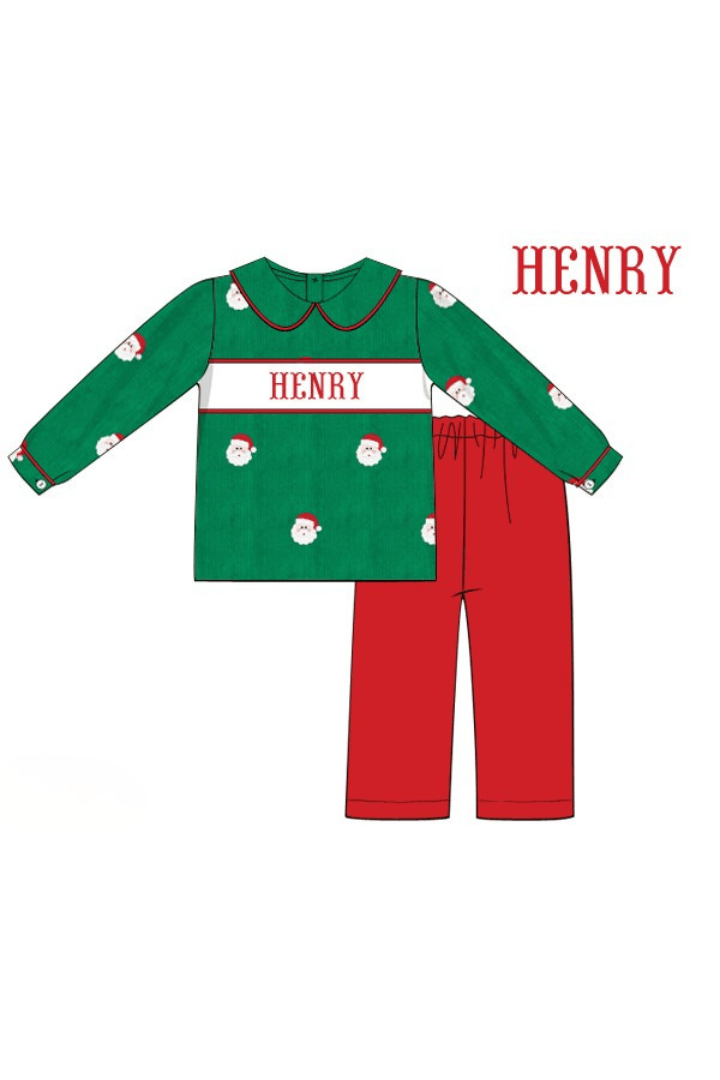 The Smocked Flamingo Apparel & Accessories Pre-Order Hand Smocked Custom Name Embroidered Santa Green/Red Corduroy Pant Set