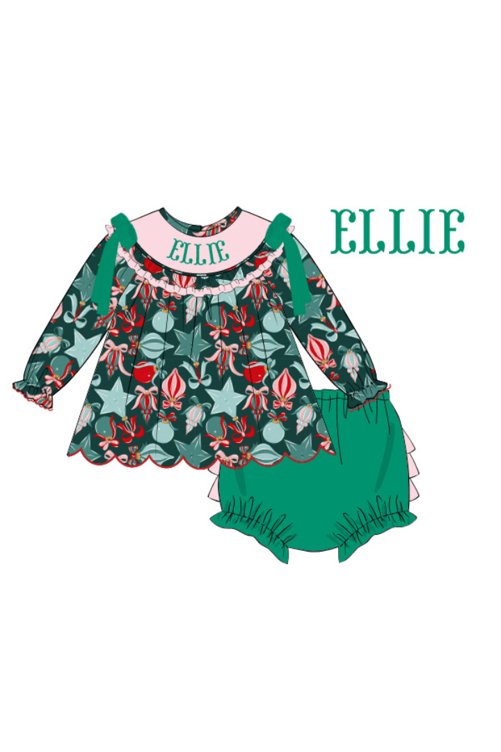 The Smocked Flamingo Apparel & Accessories Pre-Order Hand Smocked Custom Name Festive Ornaments Bloomer Set