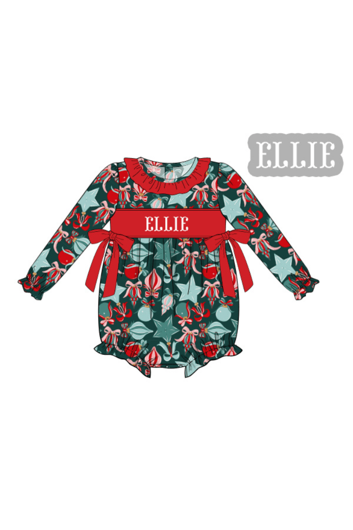 The Smocked Flamingo Apparel & Accessories Pre-Order Hand Smocked Custom Name Festive Ornaments Bow Bubble