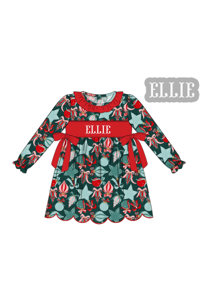 The Smocked Flamingo Apparel & Accessories Pre-Order Hand Smocked Custom Name Festive Ornaments Bow Dress