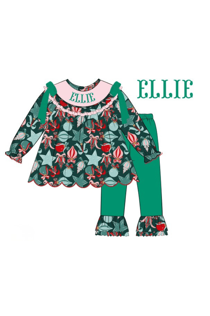 The Smocked Flamingo Apparel & Accessories Pre-Order Hand Smocked Custom Name Festive Ornaments Pant Set