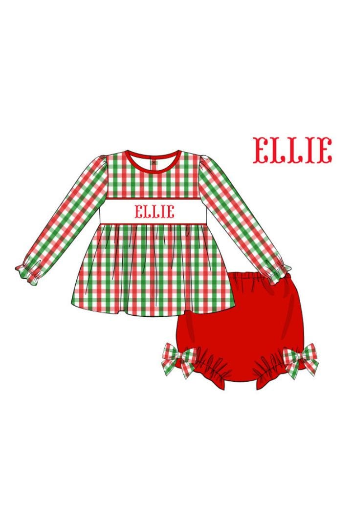 The Smocked Flamingo Apparel & Accessories Pre-Order Hand Smocked Custom Name Holiday Plaid Diaper Set