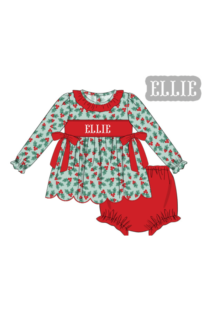 The Smocked Flamingo Apparel & Accessories Pre-Order Hand Smocked Custom Name Holly Bow Honeycomb Bloomer Set