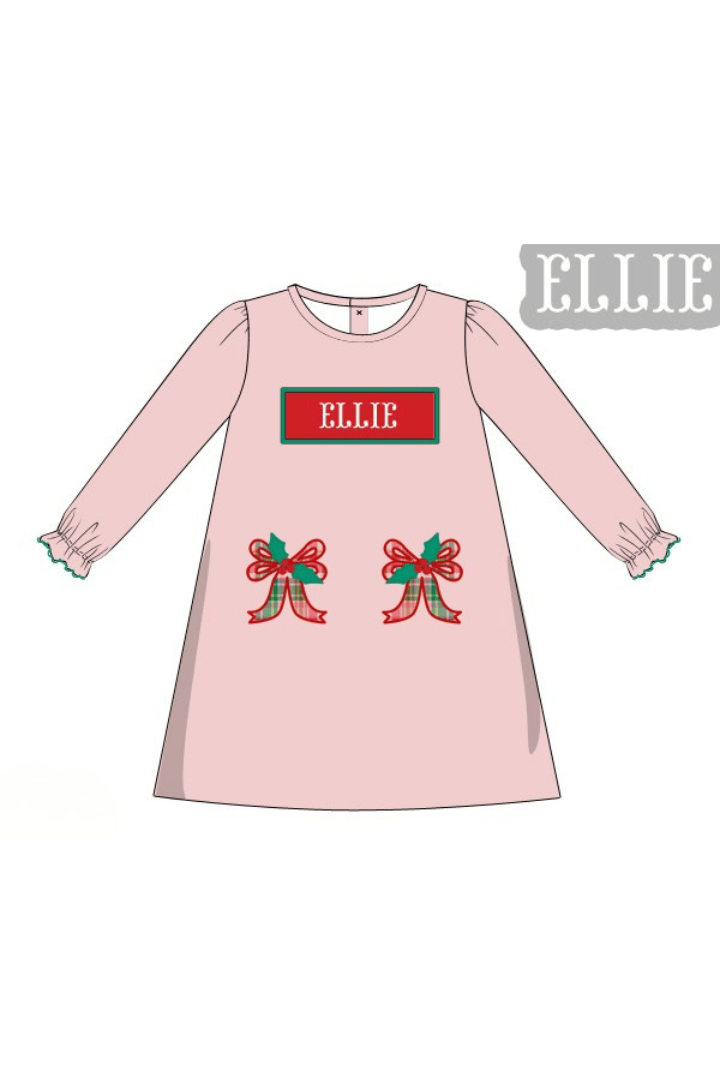 The Smocked Flamingo Apparel & Accessories Pre-Order Hand Smocked Custom Name Pink Corduroy Christmas Bow Dress