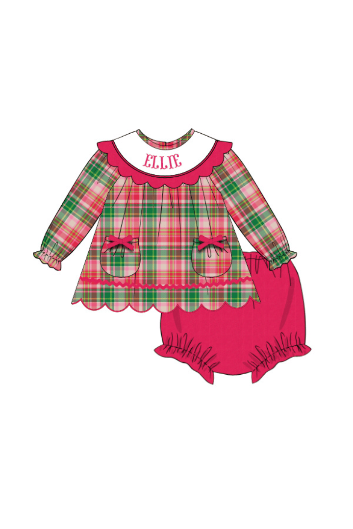 The Smocked Flamingo Apparel & Accessories Pre-Order Hand Smocked Custom Name Pink Plaid Corduroy Bloomer Set