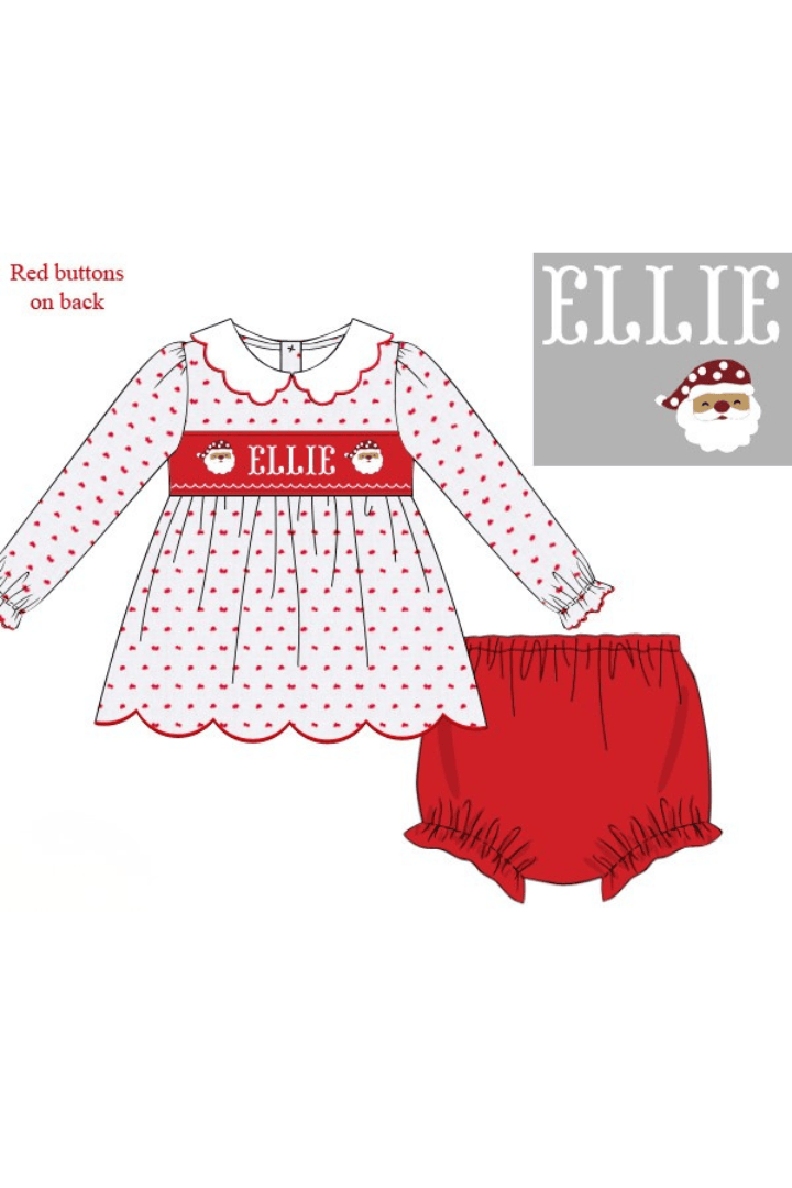 The Smocked Flamingo Apparel & Accessories Pre-Order Hand Smocked Custom Name Swiss Dot Santa  Bloomer Set